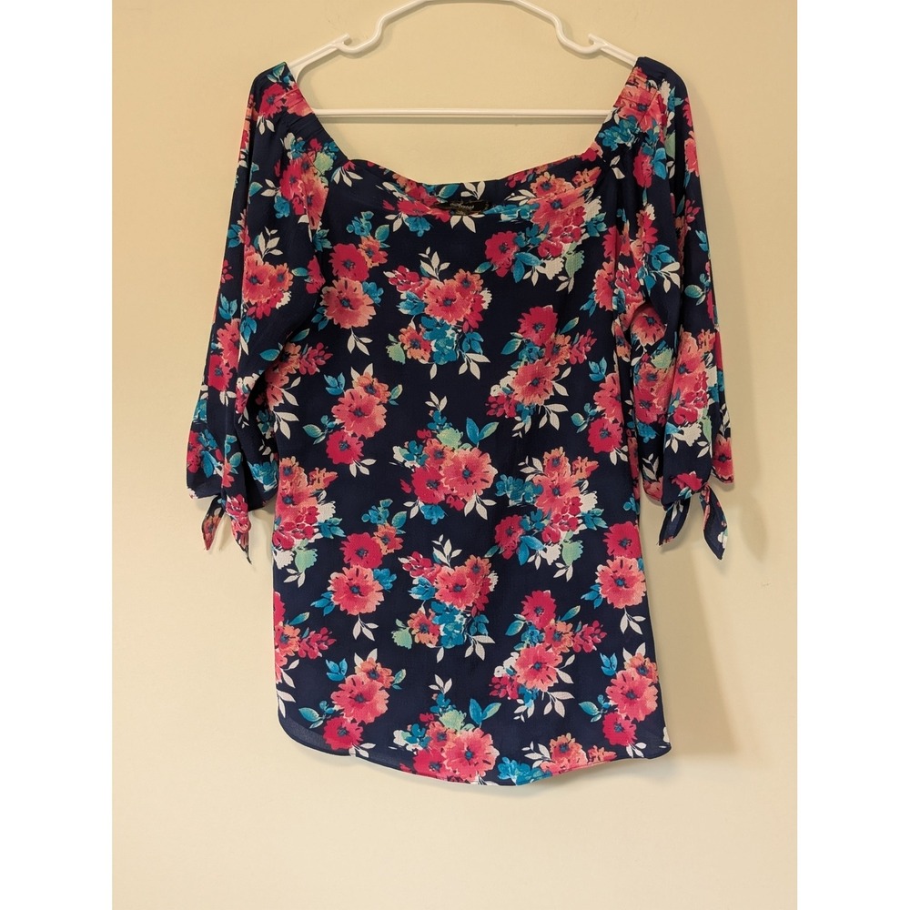 Status by Chenault Floral Off the Shoulder Blouse Navy Pink 3/4 Tie Sleeve L